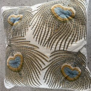 Pier 1 Embroidered Peacock Feather Throw Pillow Blue Gold Cream 16” Boho Decor
